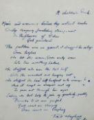 TED HUGHES (1930-1988) Poet Laurette 1984 to 1988, an original hand written poem titled 'A
