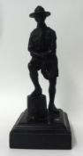 Bronze figure on wood plinth, Boy Scout Patrol Leader with foot on tree stump (See1939 Scout shop