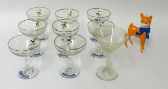 Eight Babycham glasses etc