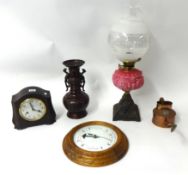 Victorian oil lamp, tidal clock, bakelite clock, oriental vase etc