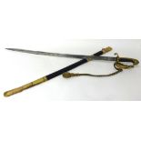 Victorian Naval Officers dress sword and scabbard, with brass mounts, etched fullered blade 91cm