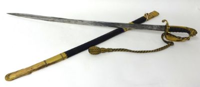 Victorian Naval Officers dress sword and scabbard, with brass mounts, etched fullered blade 91cm