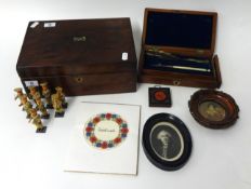 A mahogany cutlery box (converted), boxed instrument set, two sewing boxes, small wood figures etc