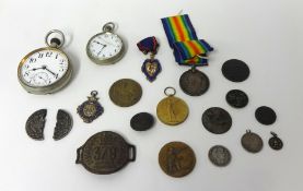 A large 8 day open face pocket watch, another pocket watch, Boer War tin, Great War pair of medals