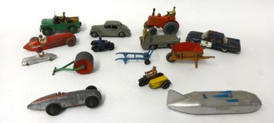 Early Dinky Toys including tractor, wheelbarrow, cars, Bev Truck, motor cycle and side cars etc (