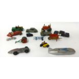 Early Dinky Toys including tractor, wheelbarrow, cars, Bev Truck, motor cycle and side cars etc (