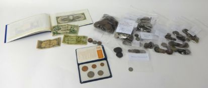 A collection of English and Foreign sorted coins, also various world banknotes etc.. First Decimal