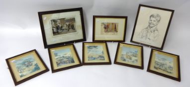 Eight pictures including print by Lawson Wood, Hillyard Swansea, pencil sketch Dowd 'The Scouts