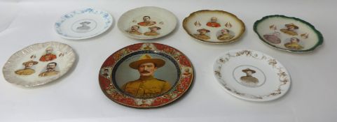 Tinplate in red Maj Gen B-P with a decorated border t/w six plates including Royal Worcester pair