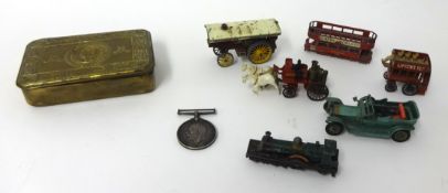 A Christmas 1914 Mary tin, War Medal F32335 G.W.FOWLER RMAS t/w various die cast models by Lesney