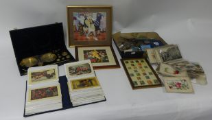 A collection of coins in two albums, a box of coins including proof sets, also stamps including '