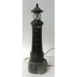 A marble lighthouse with wired fitting and lamp, 35cm