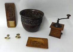 A collection of various items to include coffee mill, copper jardinière, two carved wood plaque,