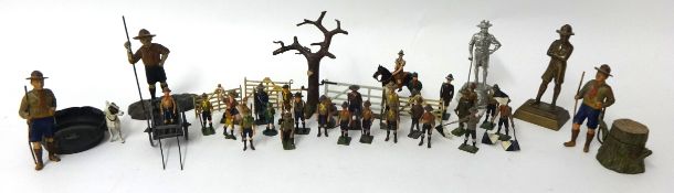Various Scout figures including early Boy Scout brass figure, 12 various lead soldiers, pewter B-P