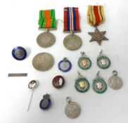 The Africa Star, Defence medal 1939-1945 t/w two other medals and various badges