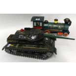 A Japanese tinplate tank and also a similar loco