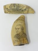 Two reproduction scrimshaw style carvings, marine scenes (2)
