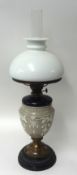 Victorian opaline glass and enamelled oil lamp with milk glass shade, 61cm