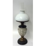 Victorian opaline glass and enamelled oil lamp with milk glass shade, 61cm
