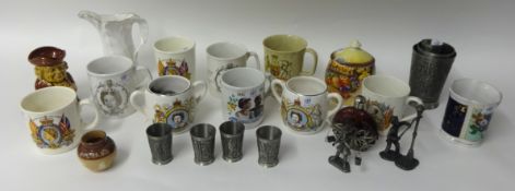 Royalty mugs, pewter ware, Doulton Colman's miniature vase etc, approx 20