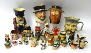 Doulton Beefeater character jug, shorter Chelsea pensioner jug and other smaller character jugs (