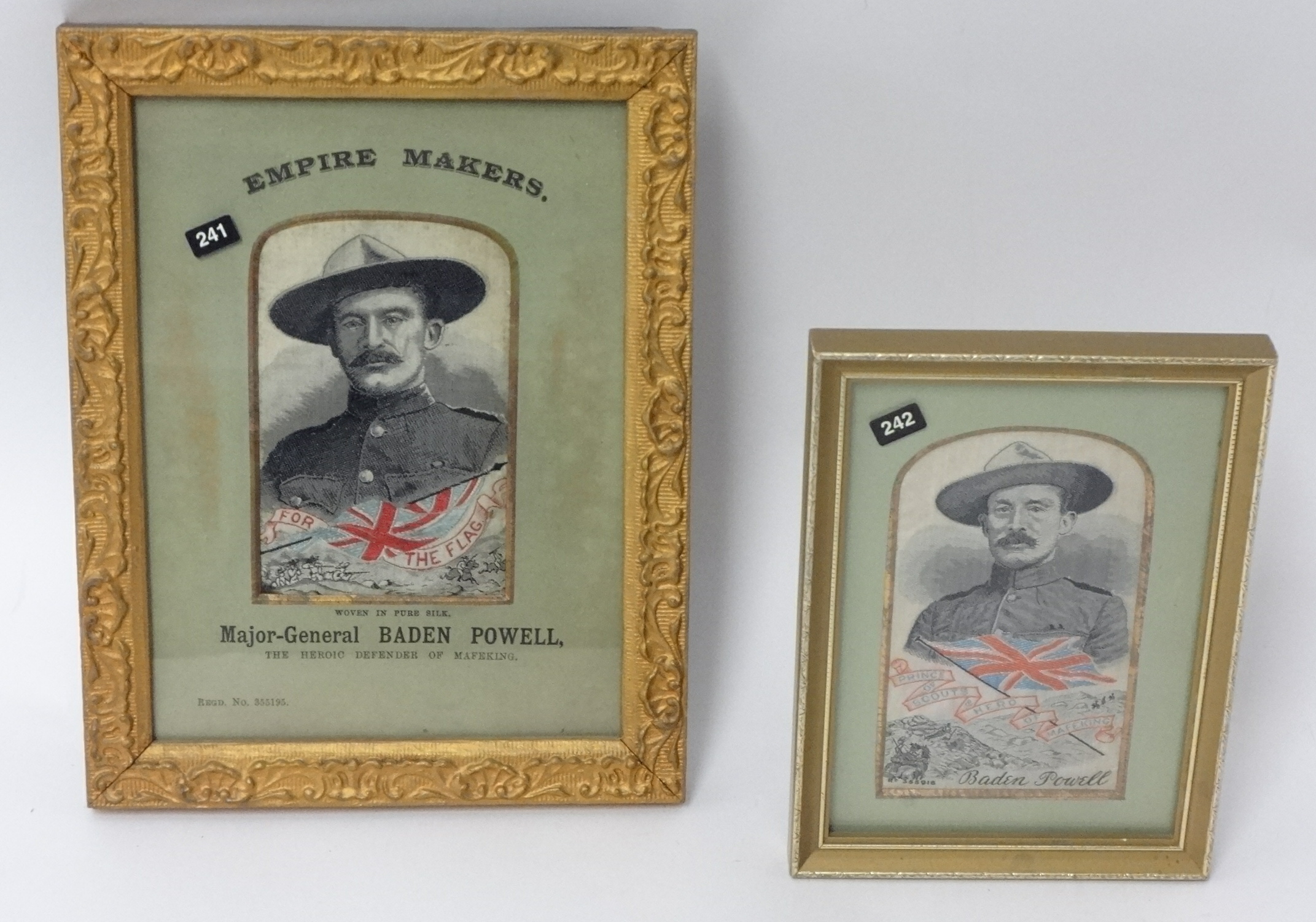 Two Stevenograph silk portraits, B-P including Empire Makers, Maj Gen B-P 'The Heroic Defender of