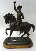 Spelter figure by E. Laurent B-P on horse back holding sword a loft