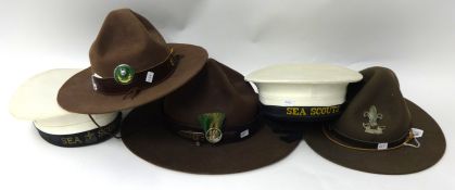 Two Sea Scout hats, three Scout hats including U.S.A Scout masters hat with badge (5)