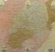 Framed Boer War printed map, on cotton showing The South African Republic with portraits etc also