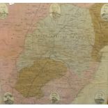 Framed Boer War printed map, on cotton showing The South African Republic with portraits etc also