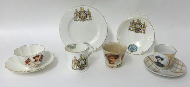 Cups and saucers including Foley Boer War logo mug and saucer with Lord Roberts and names of six