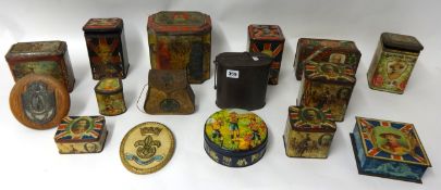Collection of tin boxes including tea caddy's, and biscuit tins Boer War and Boy Scouts