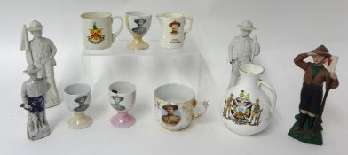 Eleven items including three B-P egg cups, bisque Boy Scout figures, miniature Col B-P jug and Foley