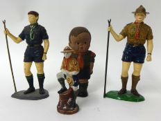 Four figures, two Airfix plastic Boy Scouts, bisque painted Scout holding coil of rope and rubber