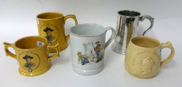 Five various mugs including Wade Pottery two handled mug B-P 75th Anniversary o Scouting', Lt-Gen