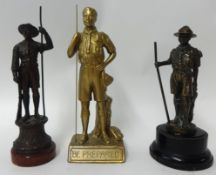 Three figures early bronze Boy Scout on wood plinth (unusual as he is holding a staff in his left