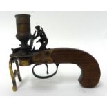 Flintlock tinder lighter with candle holder, working, steel and brass with wooden pistol grip