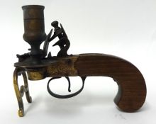 Flintlock tinder lighter with candle holder, working, steel and brass with wooden pistol grip