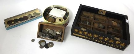 A large collection of English and Foreign coins, also 19th century Indian quill  box and other