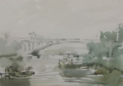 DAVID SMITH (1920-1988) three paintings including mixed media 'Tower Bridge circa 1973' 27cm x 37cm,