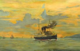 W.HUDSON large signed 20th century oil on canvas 'Steam Liner Ship, off the Coast' 57cm x 87cm
