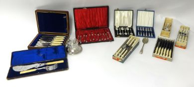 A quantity of silver plated cased cutlery sets, glass and EP jam pot, various decorative spoons etc