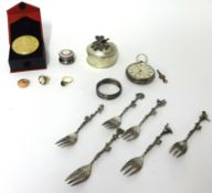 A mixed lot including silver and enamel pill box, unusual Leaga forks of bird and tree design (