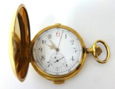 A 18ct gold Swiss hunter pocket watch with quarter repeater, the inside back plate stamped 'Fabrique