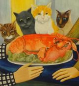 BERYL COOK (1926-2008) 'Four Hungry Cats' a rare lithograph, signed print, 40cm x 35cm