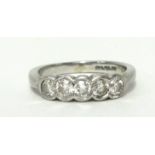 A five stone diamond ring set in platinum, ring size J 1/2