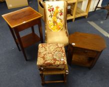 A Victorian mahogany framed nursing chair, Edwardian inlaid side table, two stools and an oak sewing