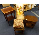 A Victorian mahogany framed nursing chair, Edwardian inlaid side table, two stools and an oak sewing