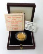 The Anniversary 1480-1989 gold sovereign proof coin, 8g, with certificate, cased and copy of