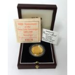 The Anniversary 1480-1989 gold sovereign proof coin, 8g, with certificate, cased and copy of